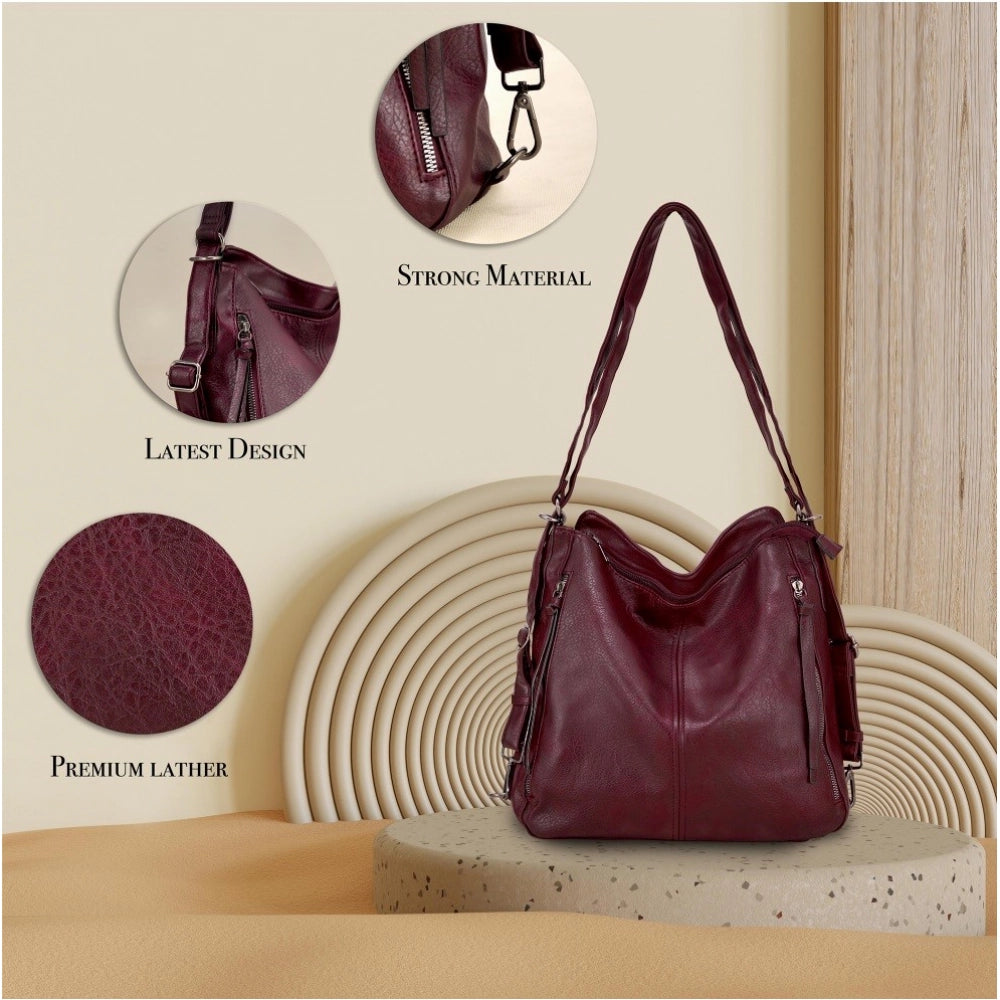 Wine red PU leather medium shoulder zipper handbag for women, adjustable sling strap