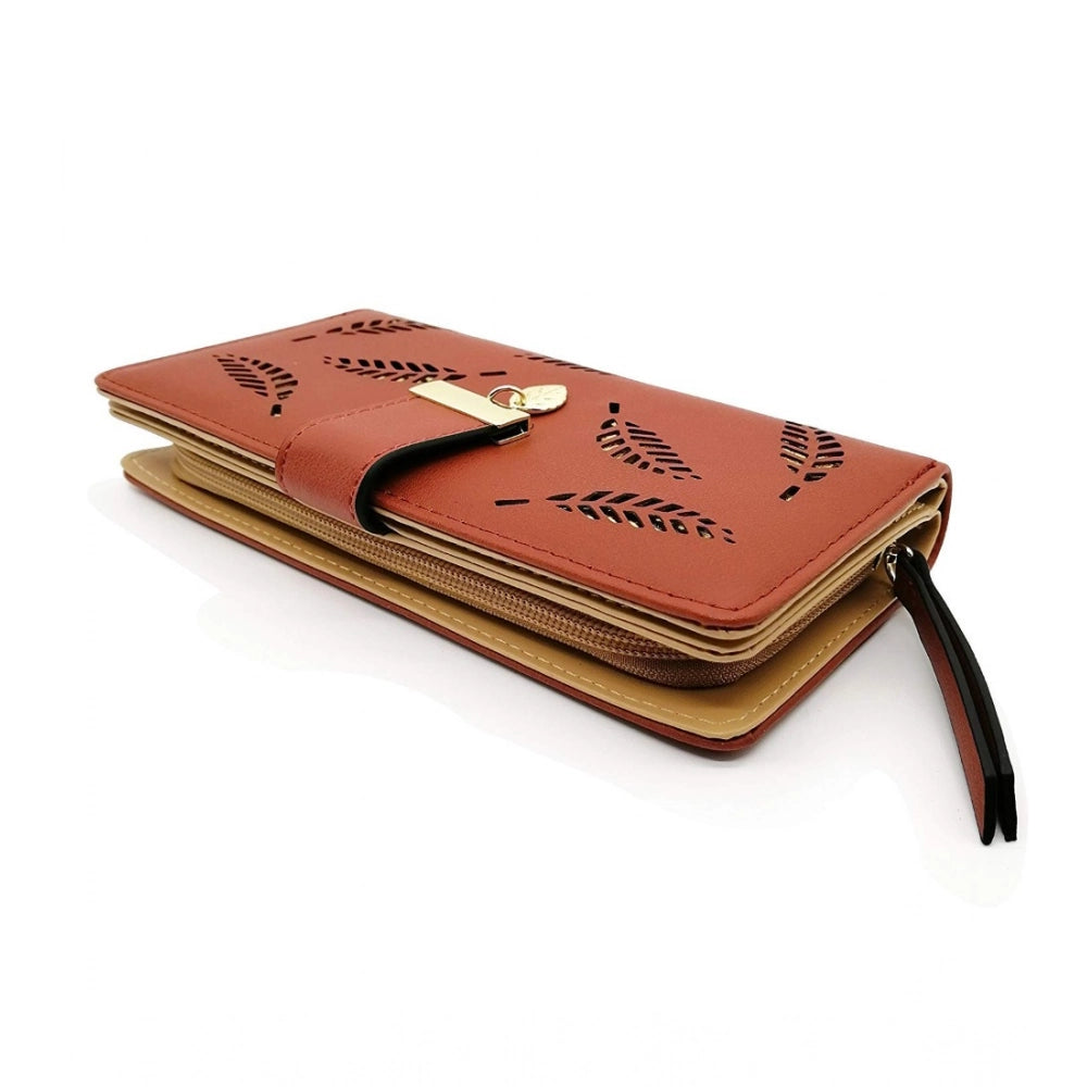 Brown faux leather medium snap button wallet with leaf pattern for women's accessories