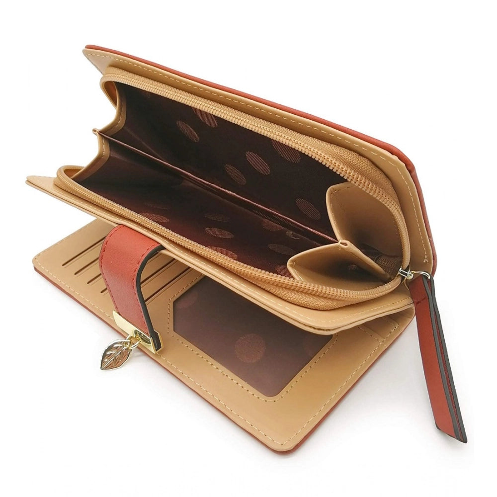 Brown faux leather medium snap button wallet with leaf pattern for women's accessories