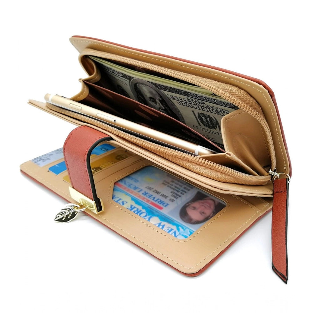 Brown faux leather medium wallet with snap button, leaf pattern for women's accessories