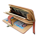 Brown faux leather medium wallet with snap button, leaf pattern for women's accessories