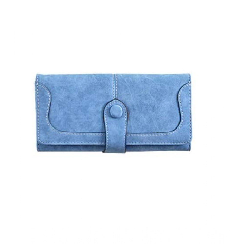 Blue faux leather women's wallet, medium size with snap button closure, solid pattern design