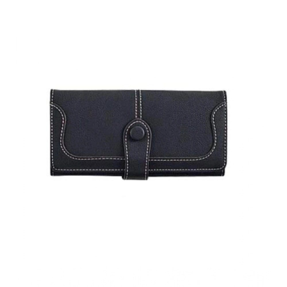Black faux leather medium wallet with snap button, ideal for women's accessories