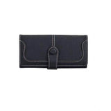 Black faux leather medium wallet with snap button, ideal for women's accessories