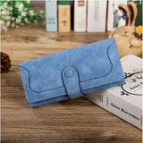 Blue faux leather medium wallet with snap button closure, ideal for everyday use