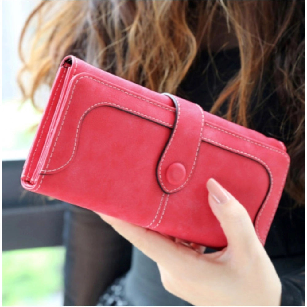 Red faux leather medium wallet, solid design for women's accessories