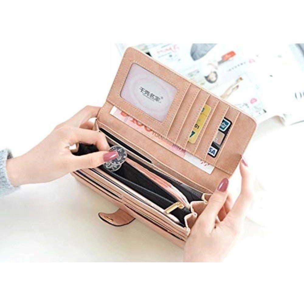 Brown faux leather medium wallet with snap button closure, solid pattern for women