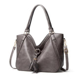 Grey PU leather large zipper handbag for women, round twin handles with adjustable sling strap