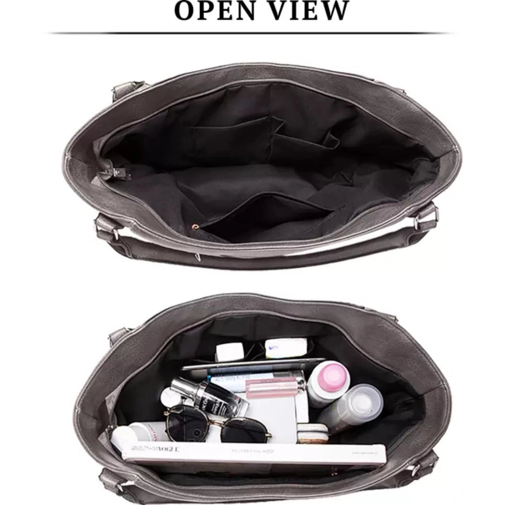 Grey PU leather large shoulder zipper handbag with adjustable sling strap