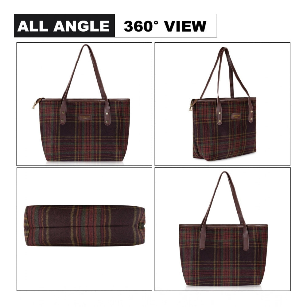 Red woolen medium shoulder zipper handbag with two handle straps and fix sling strap