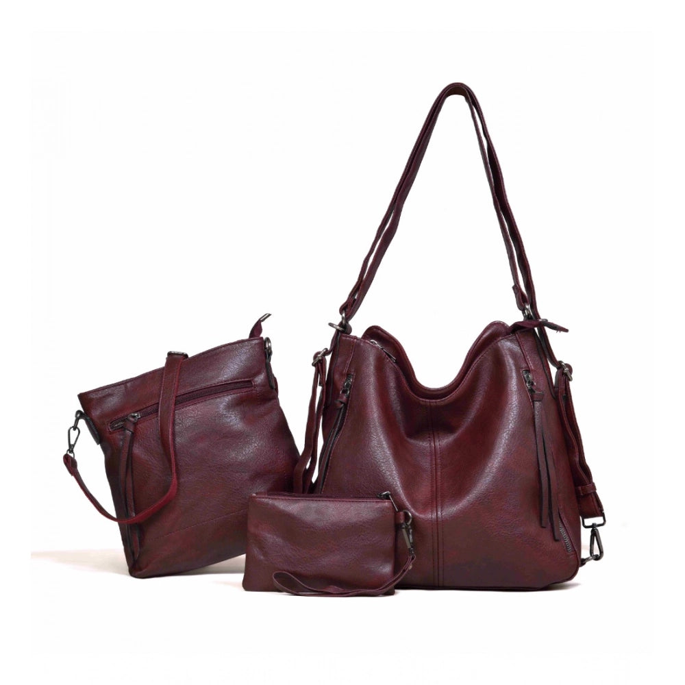 Wine red PU leather medium shoulder zipper handbag with adjustable sling strap & handle strap