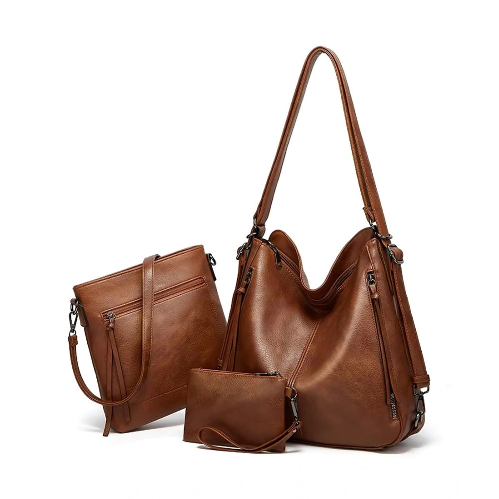 Brown PU leather medium shoulder zipper handbag with adjustable sling strap and two handle options