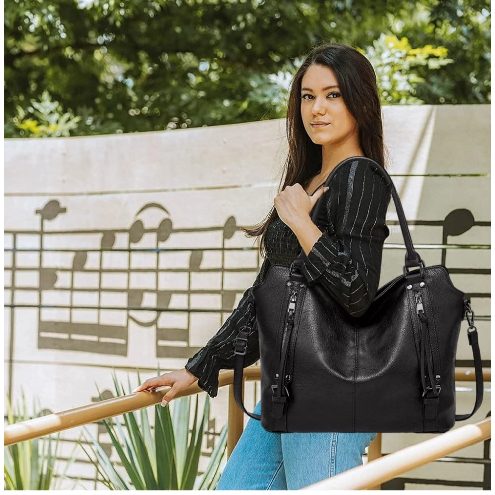 Black PU leather large shoulder zipper handbag for women, round twin handles with adjustable sling strap