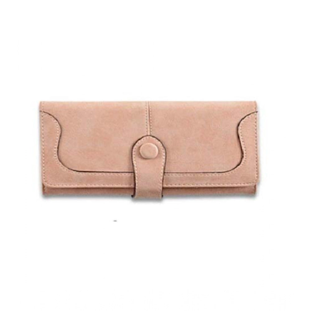 Khaki faux leather medium wallet, solid pattern, snap button closure