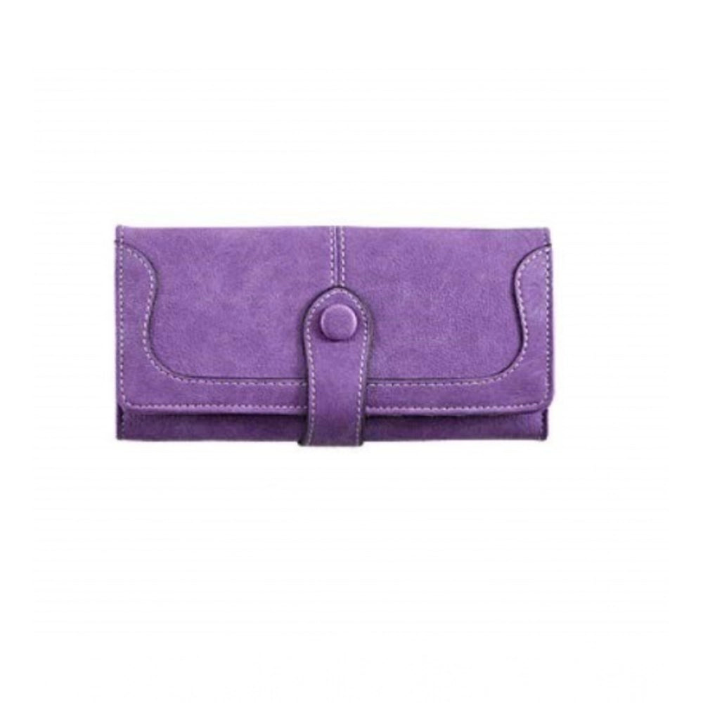 Purple faux leather medium wallet with snap button, solid pattern for women's accessories