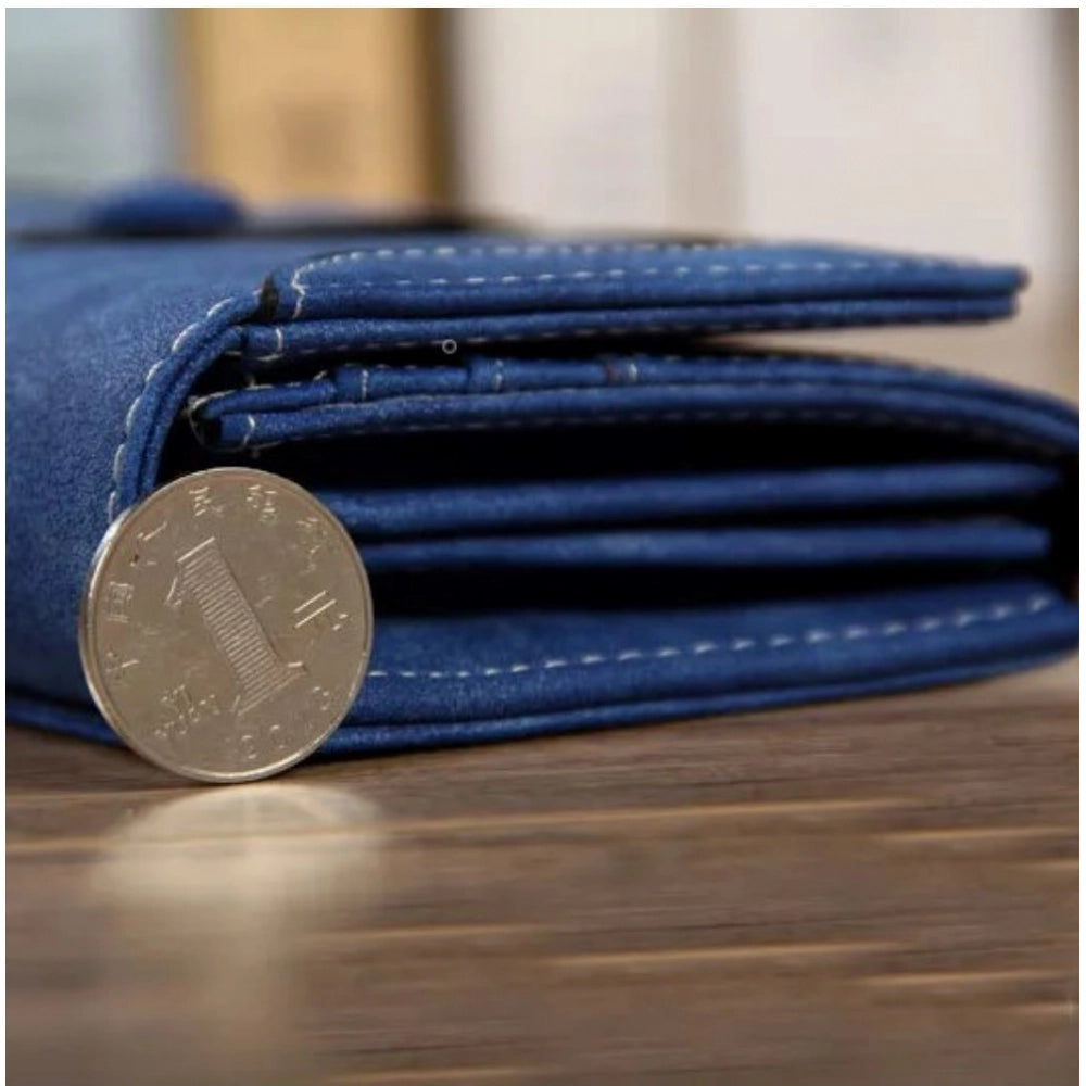 Dark blue faux leather medium wallet, solid pattern with snap closure