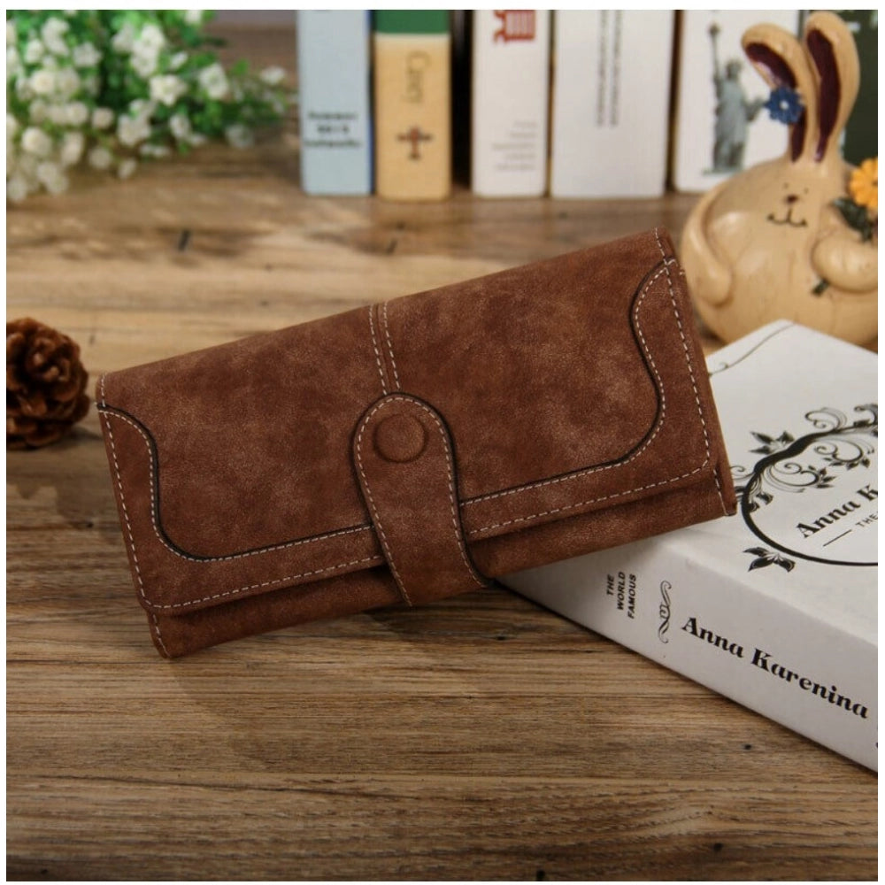 Brown faux leather women's medium snap button wallet, solid pattern for everyday use