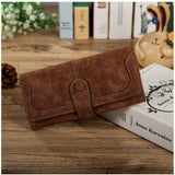 Brown faux leather women's medium snap button wallet, solid pattern for everyday use