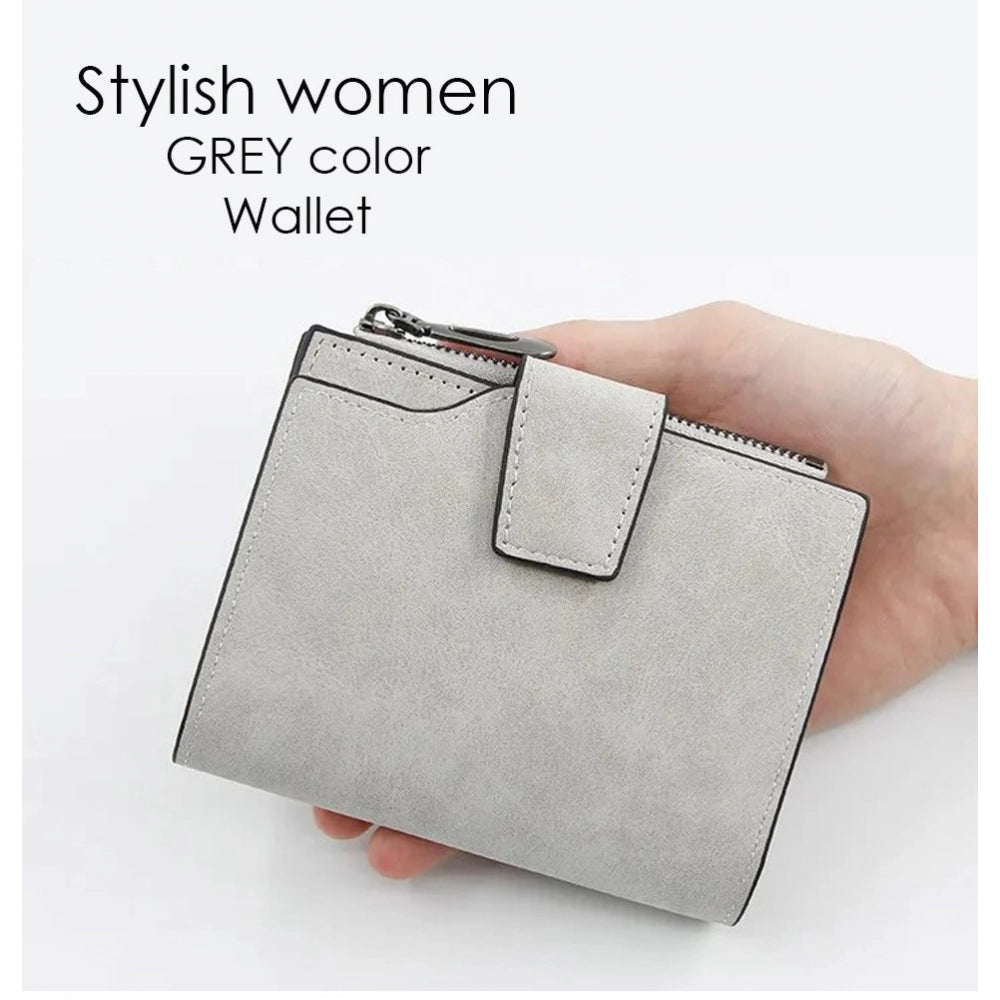 Grey vegan leather small zipper wallet for women, solid pattern design