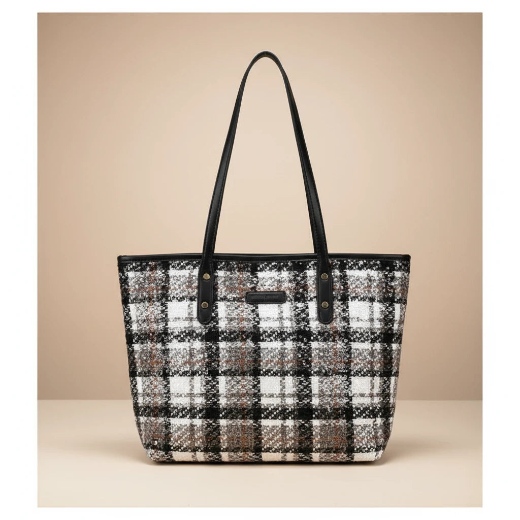 White woolen medium shoulder zipper handbag with two handle straps and fix sling strap