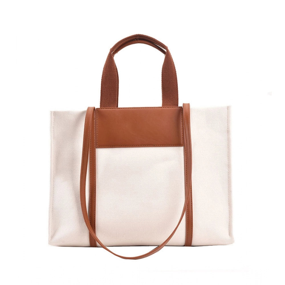 White canvas medium top handle satchel zipper handbag, two handle strap and fix sling strap