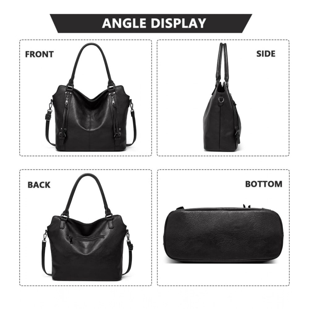 Black PU leather large shoulder zipper handbag with adjustable sling strap and round twin handles for women's fashion accessory