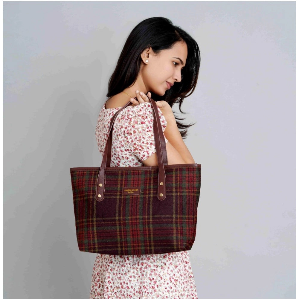 Red woolen medium shoulder zipper handbag with two handle straps and fix sling strap