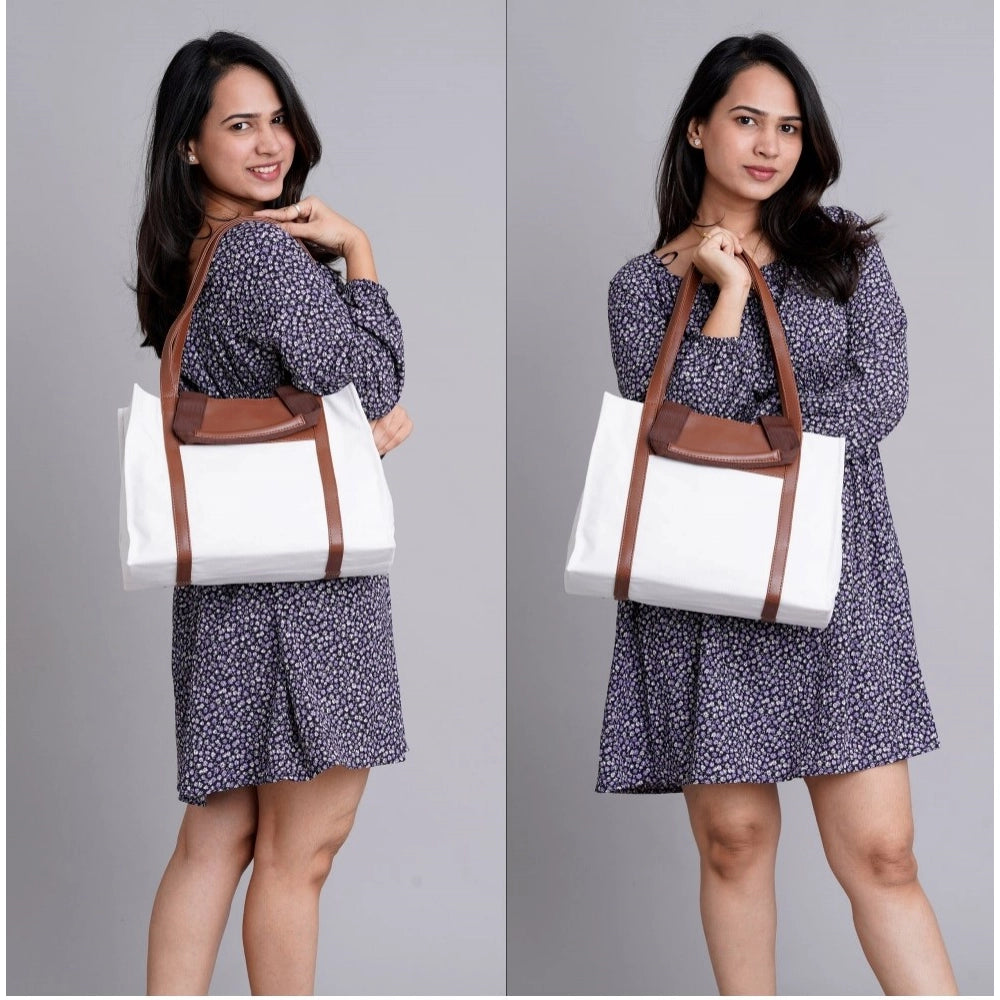 White canvas medium top handle satchel zipper handbag, two handle straps and fix sling strap for women's fashion accessory