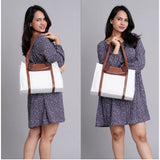 White canvas medium top handle satchel zipper handbag, two handle straps and fix sling strap for women's fashion accessory