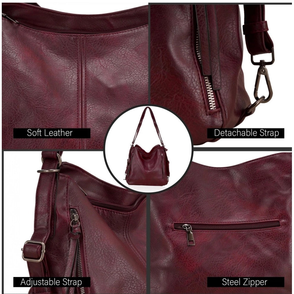 Wine red PU leather medium shoulder zipper handbag with adjustable sling strap, two handle straps for daily wear