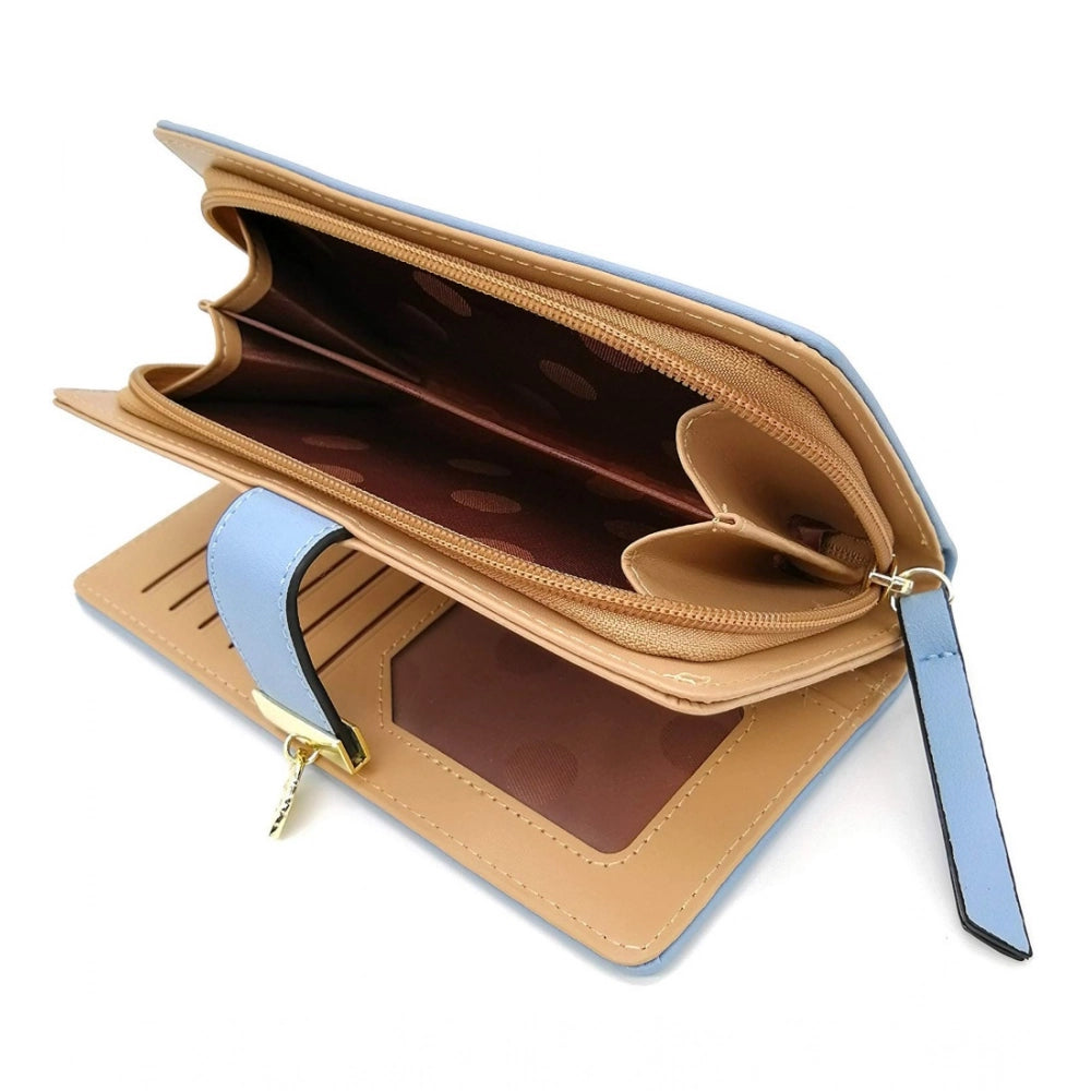 Blue faux leather medium wallet with snap button closure and leaf pattern