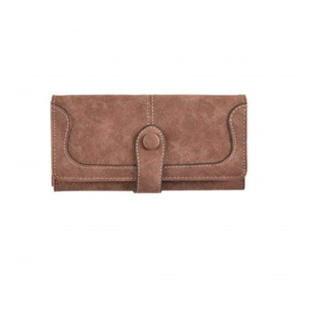 Brown faux leather women's wallet, medium size with snap button closure