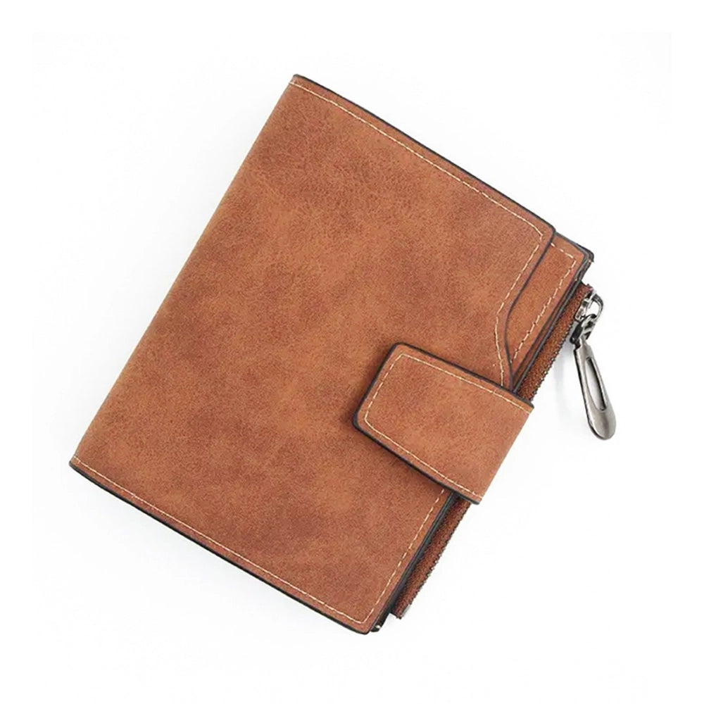 Brown vegan leather small zipper wallet, solid pattern for women's everyday essentials