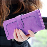 Purple faux leather medium wallet, solid design with snap button closure for women's accessories