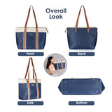 Dark blue faux leather large zipper shoulder handbag with two handle straps and fix sling strap