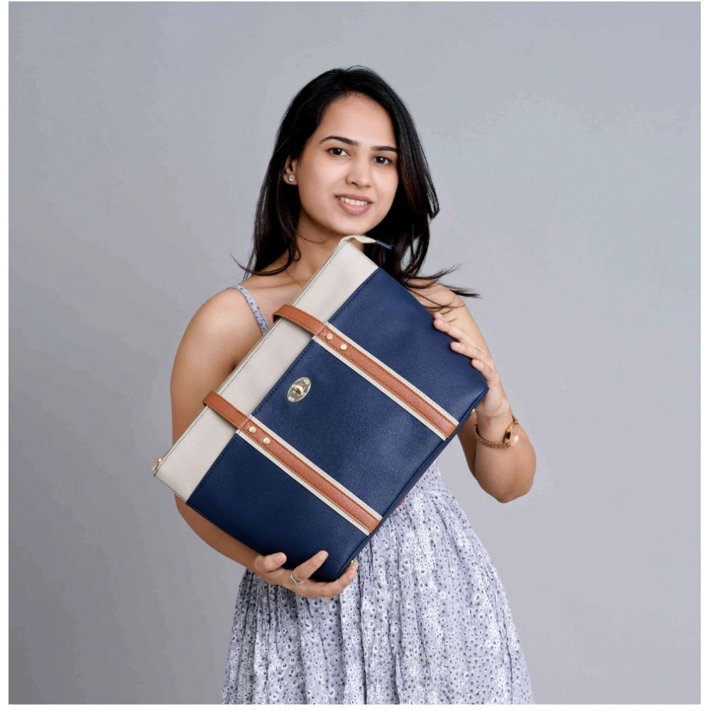 Dark blue faux leather large shoulder zipper handbag with two handle straps and fix sling strap