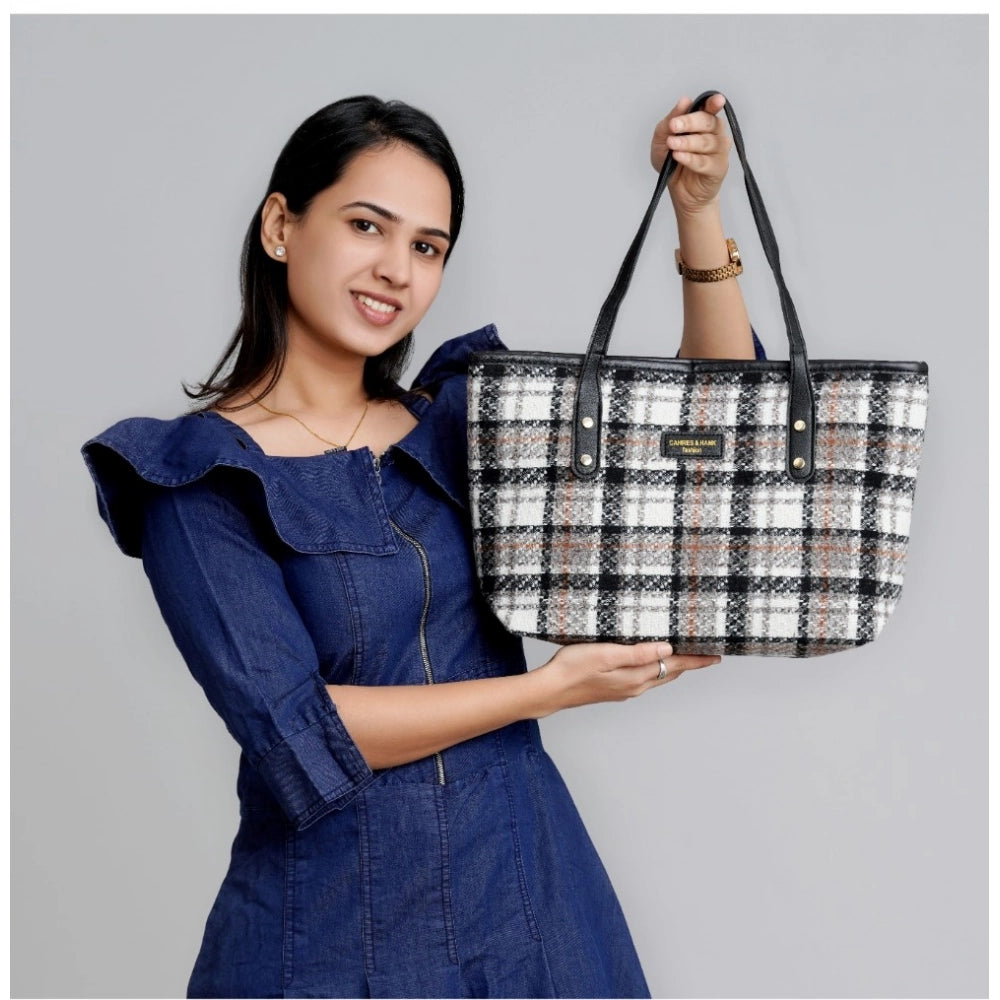 White woolen medium shoulder zipper handbag with two handle straps and fix sling strap