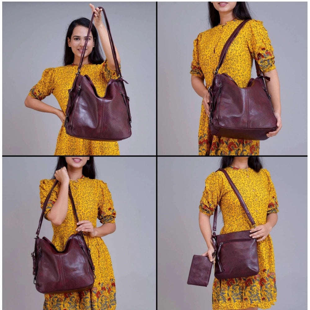 Wine red PU leather medium shoulder zipper handbag with adjustable straps