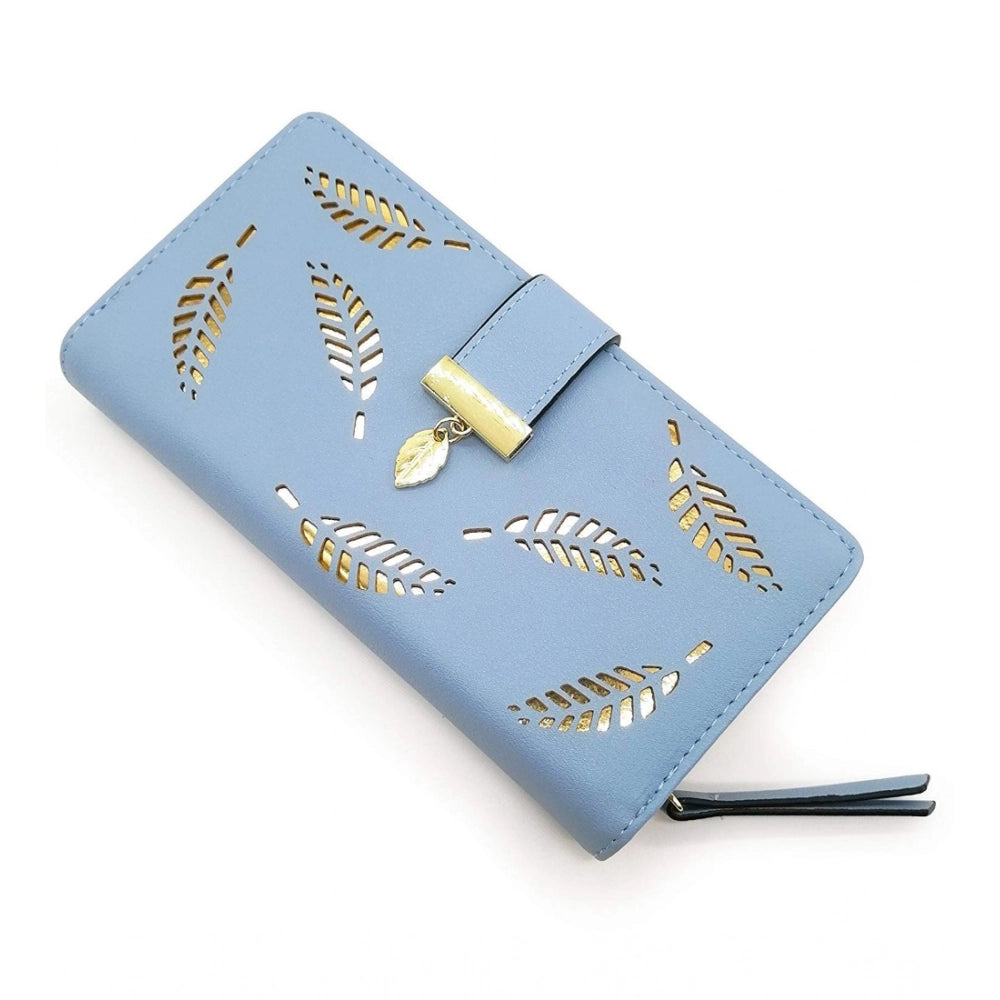 Blue faux leather medium snap button wallet with leaf pattern, ideal for women's accessories