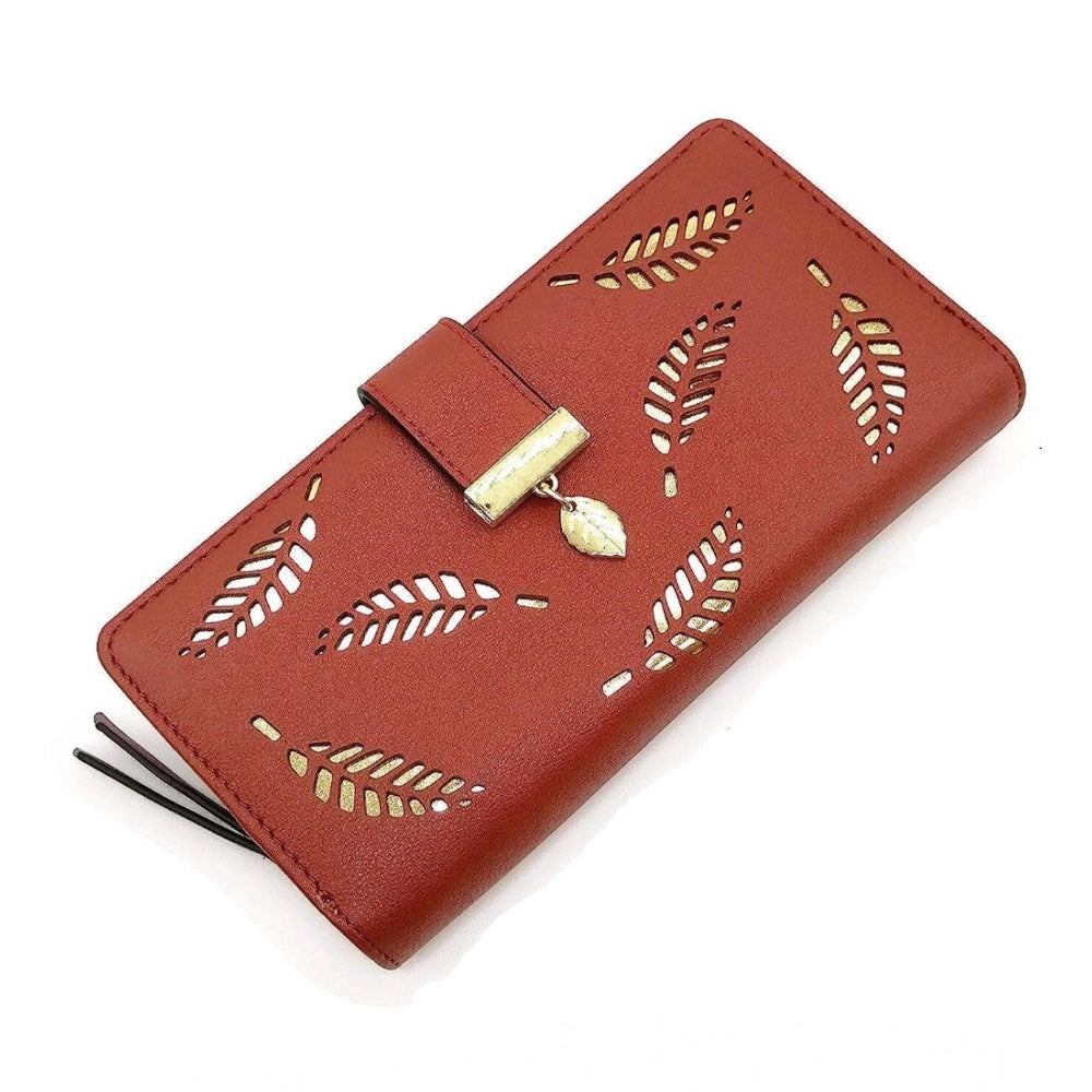 Brown faux leather medium snap button wallet with leaf pattern for women's accessories