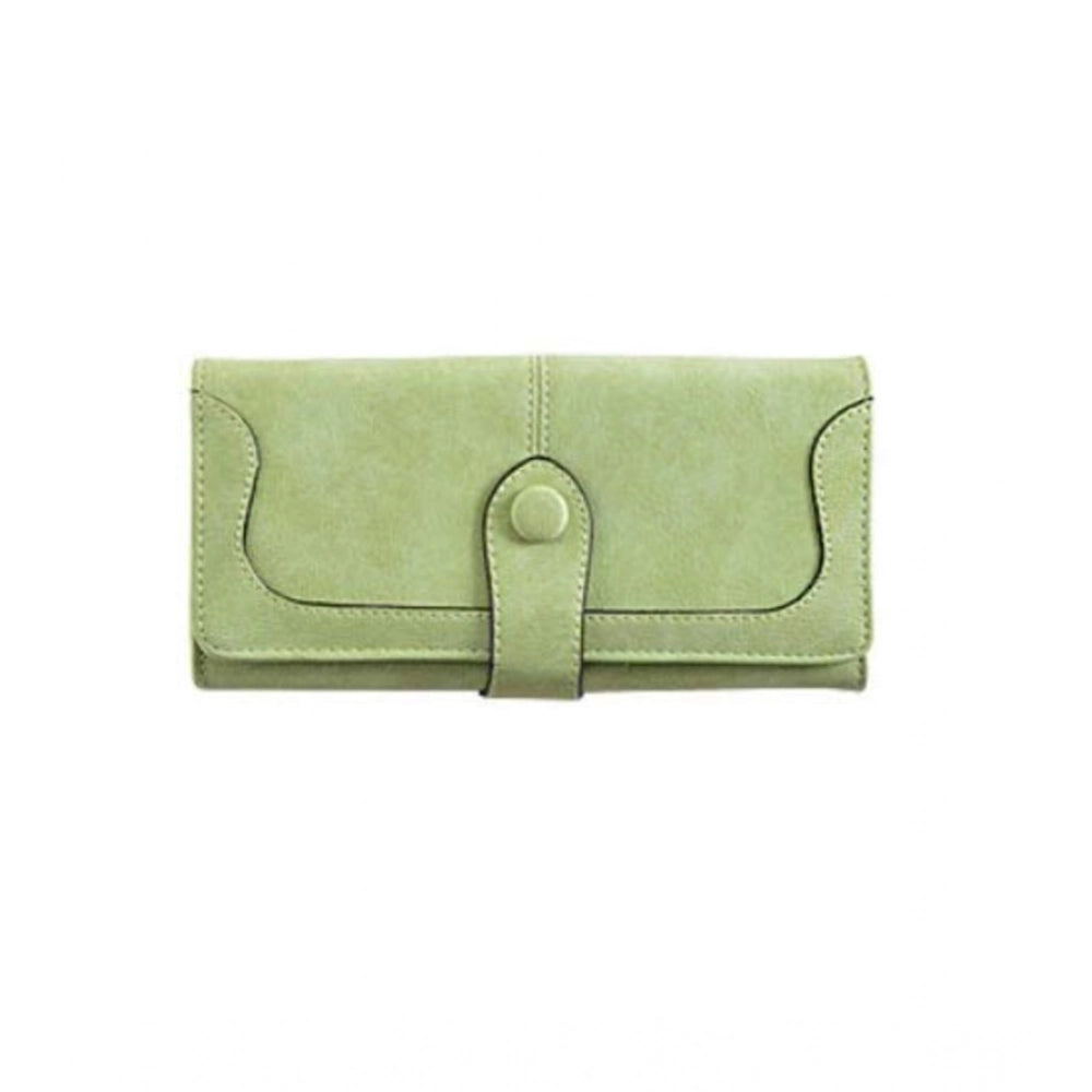 Green faux leather medium snap button wallet, perfect for everyday use