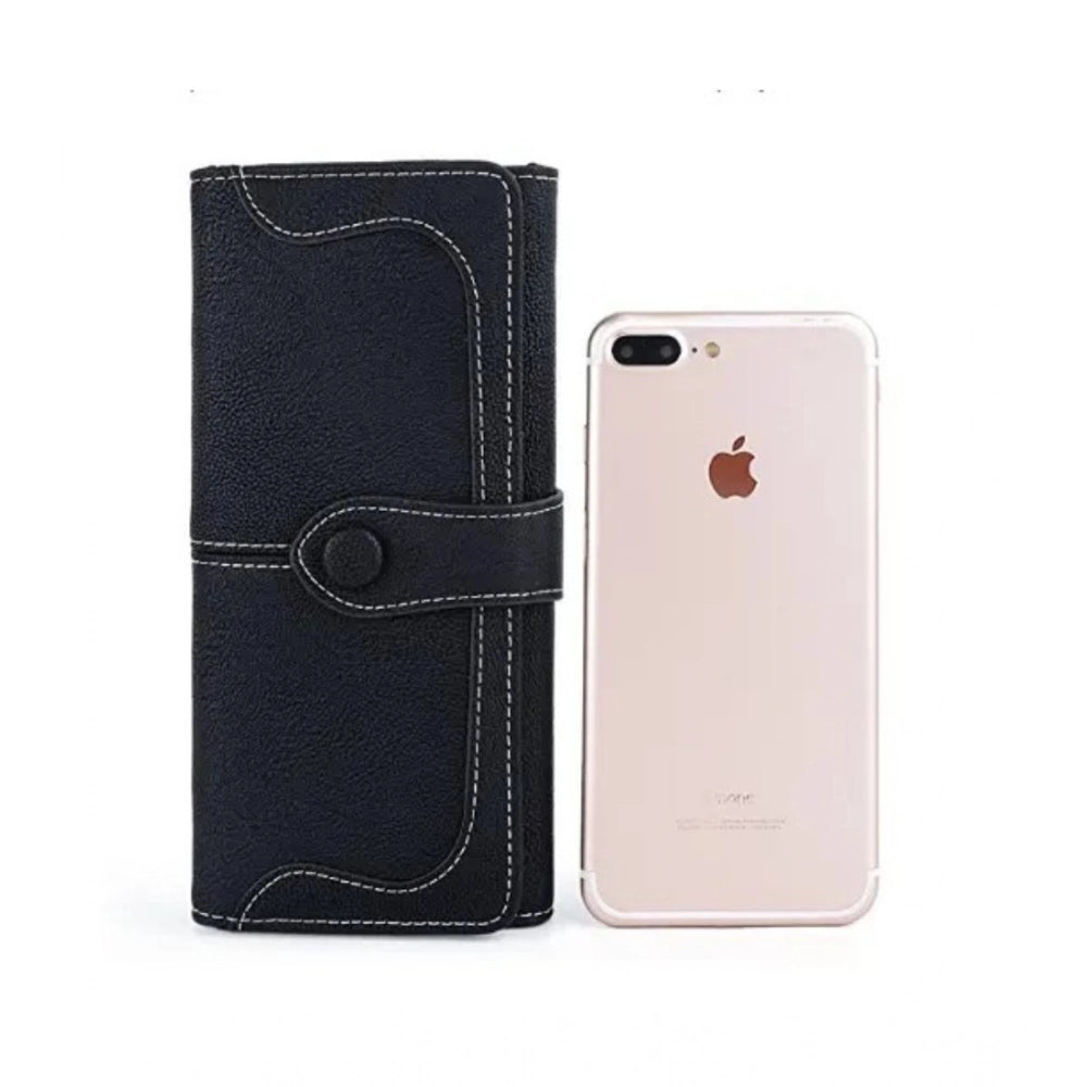 Black faux leather medium snap button wallet, solid pattern for women's accessories