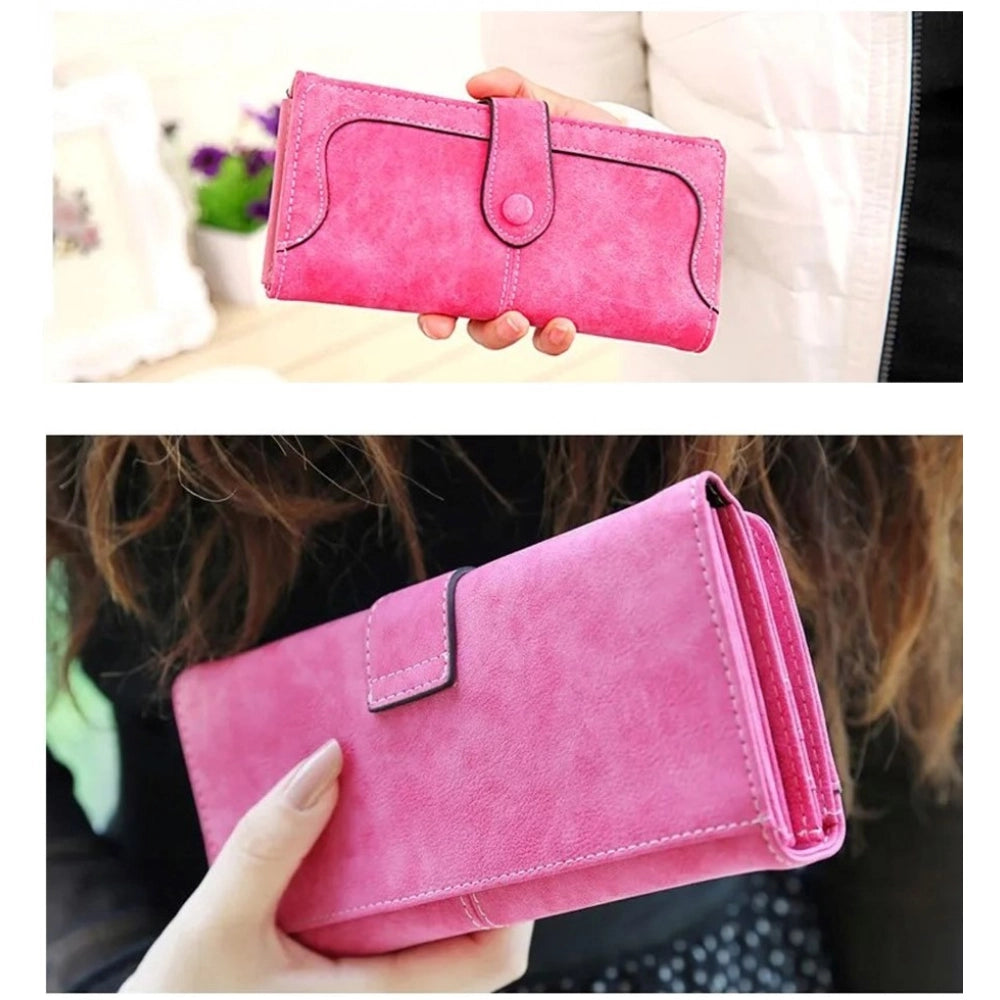 Pink faux leather medium snap button wallet, solid design for women's accessories