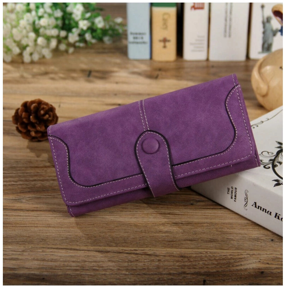 Purple faux leather medium wallet with snap button, ideal for women's accessories