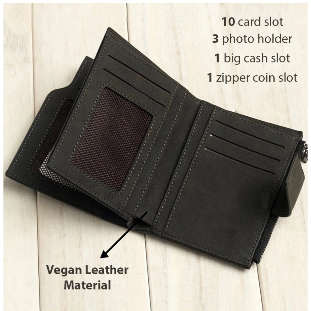 Black vegan leather small zipper wallet, solid pattern for women's accessories