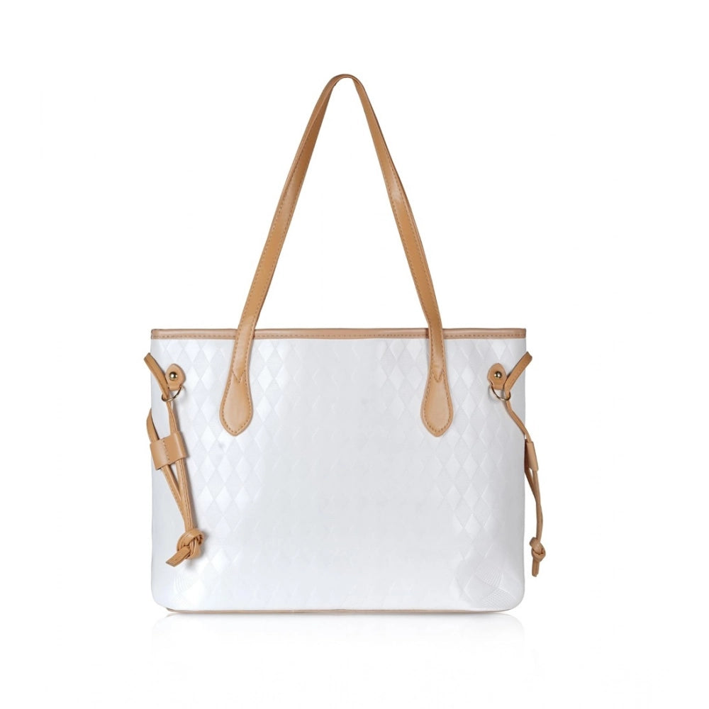White canvas medium shoulder zipper handbag with two handle straps and fix sling strap for women's fashion accessory