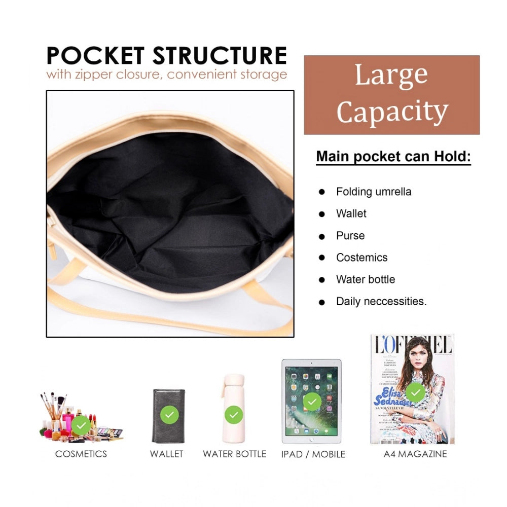 White canvas medium shoulder zipper handbag with two handle straps and fix sling strap