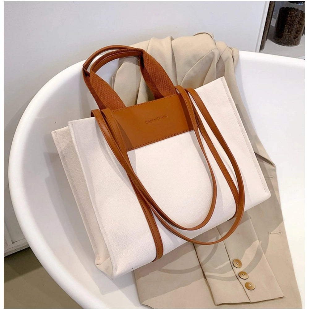 White canvas medium top handle satchel zipper handbag with two handle straps and fix sling strap