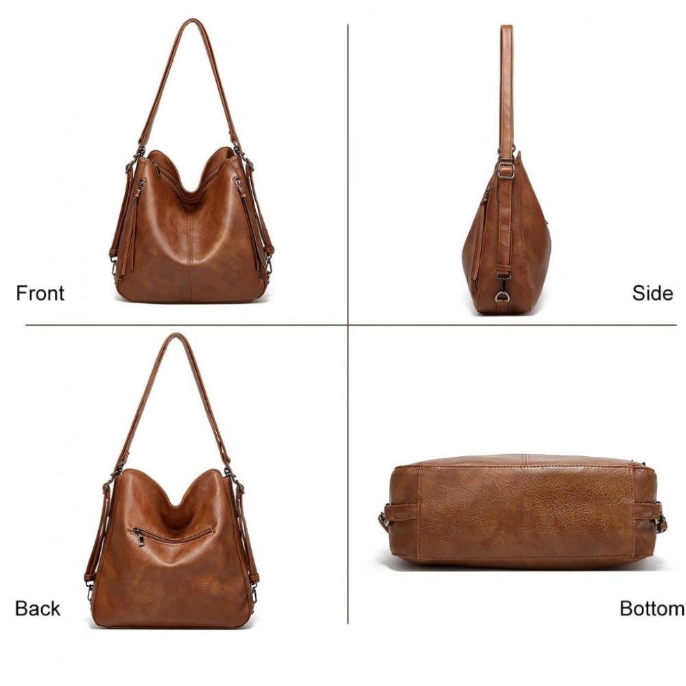 Brown PU leather medium shoulder zipper handbag for women - adjustable sling strap, two handle options