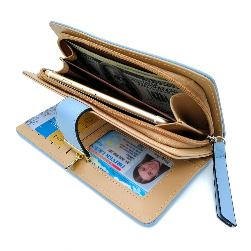 Blue faux leather medium snap button wallet with leaf pattern, ideal for women's accessories